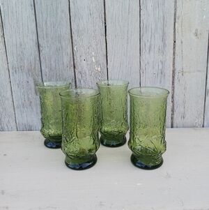 Vtg Anchor Hocking Rainflower Avocado Green Textured  Tumblers MCM Set Of 4